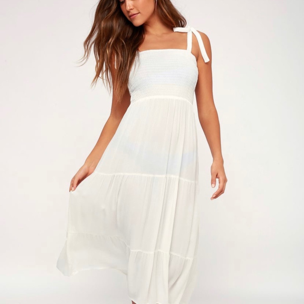 Lulu’s Leoni White Tie-Strap Smocked Swim Cover-Up